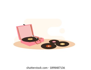 Vintage records, vinyl music concept. Vintage vinyl disc albums. Retro vinyl record player with plate. Flat vector illustration, isolated objects.