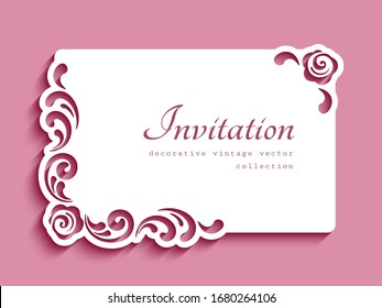 Vintage rectangle frame with floral corner decoration and cutout paper border. Elegant wedding invitation card design. Vector template for laser cutting. Place for text.