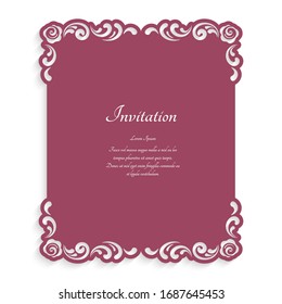 Vintage rectangle frame with floral corner decoration and cutout paper border. Elegant wedding invitation or save the date card design. Vector template for laser cutting. Place for text.