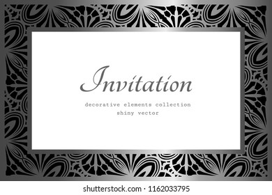 Vintage rectangle frame with ornamental border, silver invitation or decorative card design, vector illustration