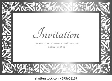 Vintage rectangle frame with ornamental border, silver invitation or decorative card design, vector illustration