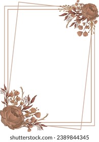 Vintage rectangular floral frame with hand drawn flowers. Watercolor brown roses and dry brown leaves wrapped around a rectangular frame