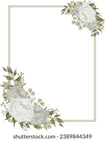 Vintage rectangular floral frame with hand drawn flowers. Watercolor white roses and green leaves wrapped around a rectangular frame