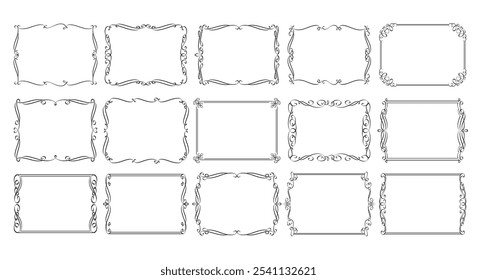 Vintage rectangular frame borders set. Outline hand drawn flourish boarder line icons, decorative classic vignette of rectangle and square shape. Ornate filigree frames collection vector illustration