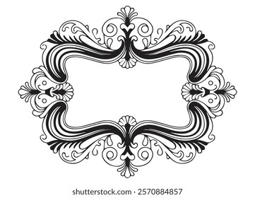 A vintage rectangular frame with ornate, symmetrical patterns. The frame is made of swirling flourishes, delicate floral accents, and intricate decorative details. The design is elegant and bold,