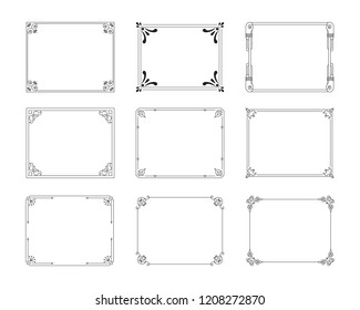 Vintage rectangular hand drawn frames set, vector isolated flourish design elements. 