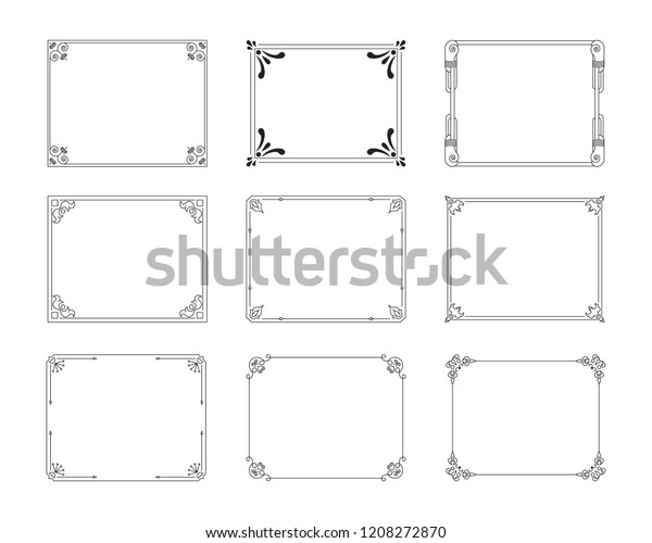 Vintage rectangular hand drawn frames set,\
vector isolated flourish design elements.\
