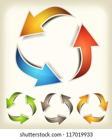 Vintage Recycle Arrows/ Illustration of a collection of abstract glossy dynamic recycle arrows loops, for connection, refresh, endless or environmental protection symbols