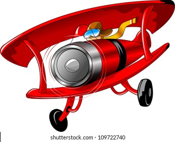 vintage red airplane with a pilot in a yellow scarf (illustration);