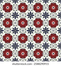 Vintage Red and Beige Floral Tile Seamless Pattern with Structured Layout