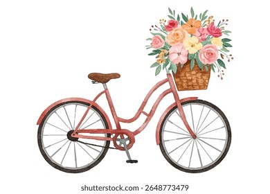 Bicicleta vermelha vintage com uma cesta de vime transbordando com flores vibrantes, delicadamente pintadas à mão em aquarela. Perfeito para decoração, cartões de felicitações e desenhos, evocando nostalgia e charme ao ar livre.