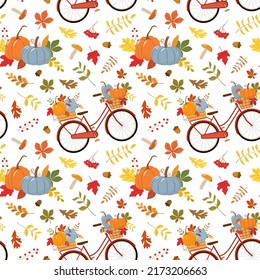 Vintage red bike with autumn pumpkins, colorful fall leaves, red berries, and forest mushrooms. Isolated on white background. Vector illustration.