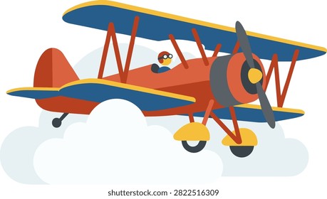 Vintage red biplane flying through fluffy white clouds. A classic double-wing airplane in red and blue colors piloted through a cloudscape. Perfect for aviation history or children's storytelling graphics.