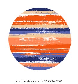 Vintage red blue circle vector geometric shape with stripes texture of paint horizontal lines. Disk banner with old paint texture. Label round shape circle logo element with grunge stripes background.
