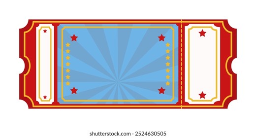 Vintage red and blue event ticket with yellow stars and decorative frame. Suitable for carnival, circus or theatre.