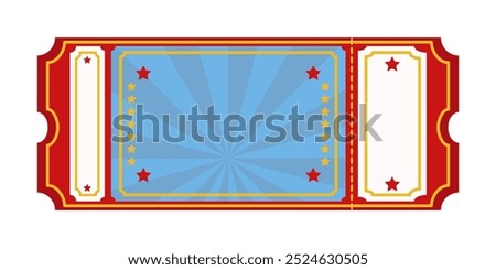 Vintage red and blue event ticket with yellow stars and decorative frame. Suitable for carnival, circus or theatre.