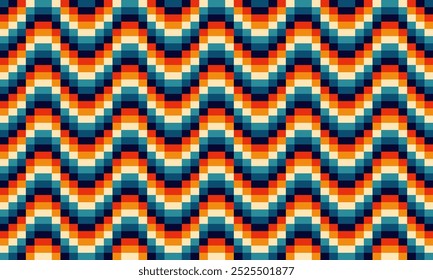 Vintage rojo azul naranja amarillo verde blanco bloque de color arreglar en onda zigzag patchwork repetir diseño de estilo sin costuras para la impresión de tela o pintura de camiseta o pared de telón de fondo