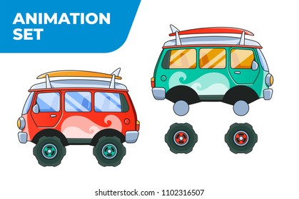 Vintage Red Bus Side View. Layered Animation Set. Vector EPS10