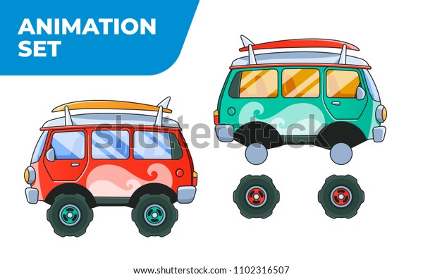 Vintage Red Bus Side View. Layered Animation Set.\
Vector EPS10
