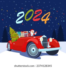 Vintage red cabriolet car with santa claus, christmas tree and gift boxes. Vector illustration.