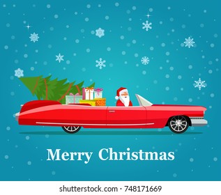 Vintage red cabriolet with santa claus, christmas tree and gift boxes. Vector flat style illustration
