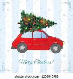 Vintage red car carrying Christmas tree. Christmas card on blue striped background.