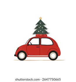 Vintage red car carrying a christmas tree