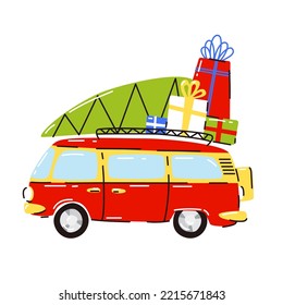 Vintage red car with Christmas Tree and gifts in trunk. Hand drawn cartoon style vector illustration.