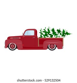 Vintage red car with Christmas tree. Christmas picture. Red pickup.