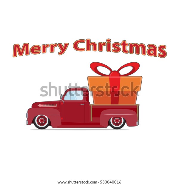 Vintage red car with Christmas tree. Christmas\
picture. Red pickup.