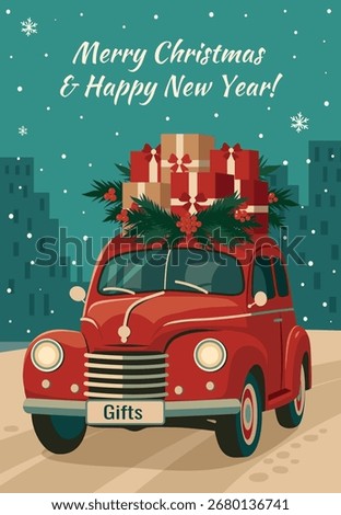 A vintage red car drives through a snowy night with Christmas gifts and pine branches on the roof. Festive vector illustration for holiday cards, Merry Christmas, Happy New Year, and seasonal designs