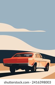 Auto rojo vintage en la carretera. Ilustración vectorial con fondo de paisaje de cielo azul. 