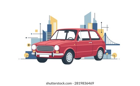Vintage red car parked in front of a modern city skyline with tall buildings and a bridge structure in the background.