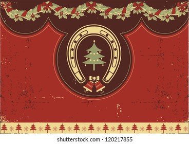 Vintage red Christmas background with horseshoe on old texture