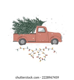 Vintage red Christmas truck with green fir tree. Pickup car with Xmas ligths and snow. Vector illustration isolated on white background