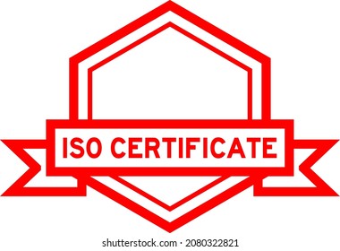 Vintage red color hexagon label banner with word ISO certificate on white background