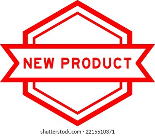 Vintage red color hexagon label banner with word new product on white background