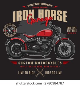 Vintage Red Custom Motorcycle Vector Illustration, Retro Garage Poster and T-shirt Design with Typography