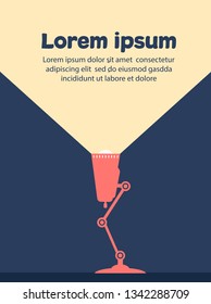 Vintage red desk lamp on blue background. Minimalist style poster with table lamp vector illustration in flat style