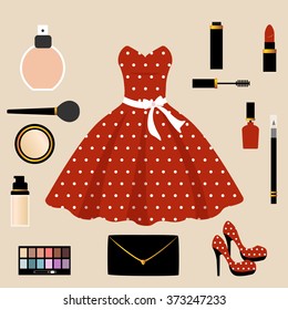 vintage red dress and and accessories makeup