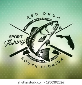 Vintage red drum fish emblem on blur background. Sciaenops ocellatus Labels. Vector illustration.