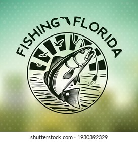 Vintage red drum fish emblem on blur background. Sciaenops ocellatus Labels. Vector illustration.