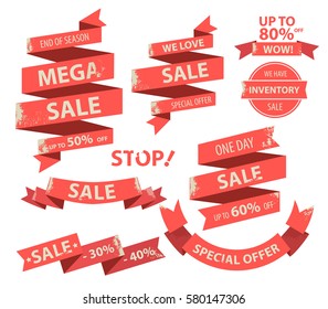 Vintage red flat Ribbons Banner Collection with sale tag and paint splatter