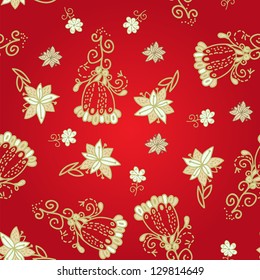 Vintage red floral seamless pattern with doodle flowers and plants