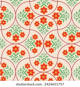 Vintage red flowers on green branches with leaves on geometric scallop shapes seamless pattern. For wallpaper, textile, and fabric 