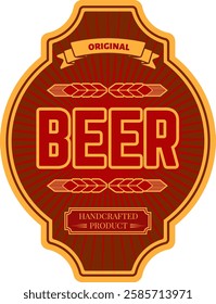 Vintage red and gold label showcasing handcrafted beer, featuring intricate ears of wheat and a striking sunburst design, perfect for enhancing branding and packaging