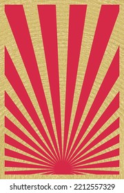 Vintage Red and Gold Sunburst Stripes Holiday Poster Template With Rays Centered at the Bottom, Christmas Background, Retro Inspired Grunge Sun Bursts, Vertical Artwork. 