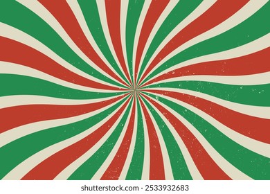 Vintage Red Green Grunge Retro Circus Rays Background with Festive Swirl Twist