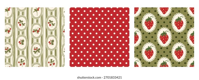 Antiguas rojo verde sin fisuras patrón conjunto de fresa polka dot impresión tela Fondo de pantalla papel de embalaje