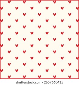 Vintage Red Heart Seamless Pattern. Romantic Love Background. Cute Vector Illustration for Wrapping Paper, Valentine's Day, print media, textile, fabric, baby shower, Holiday Design, Backdrop.